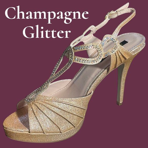 Bonnibel Shoes - Glitzy Champagne Grandeur Rhinestone Peep Toe High Heels Strappy Dress Shoes